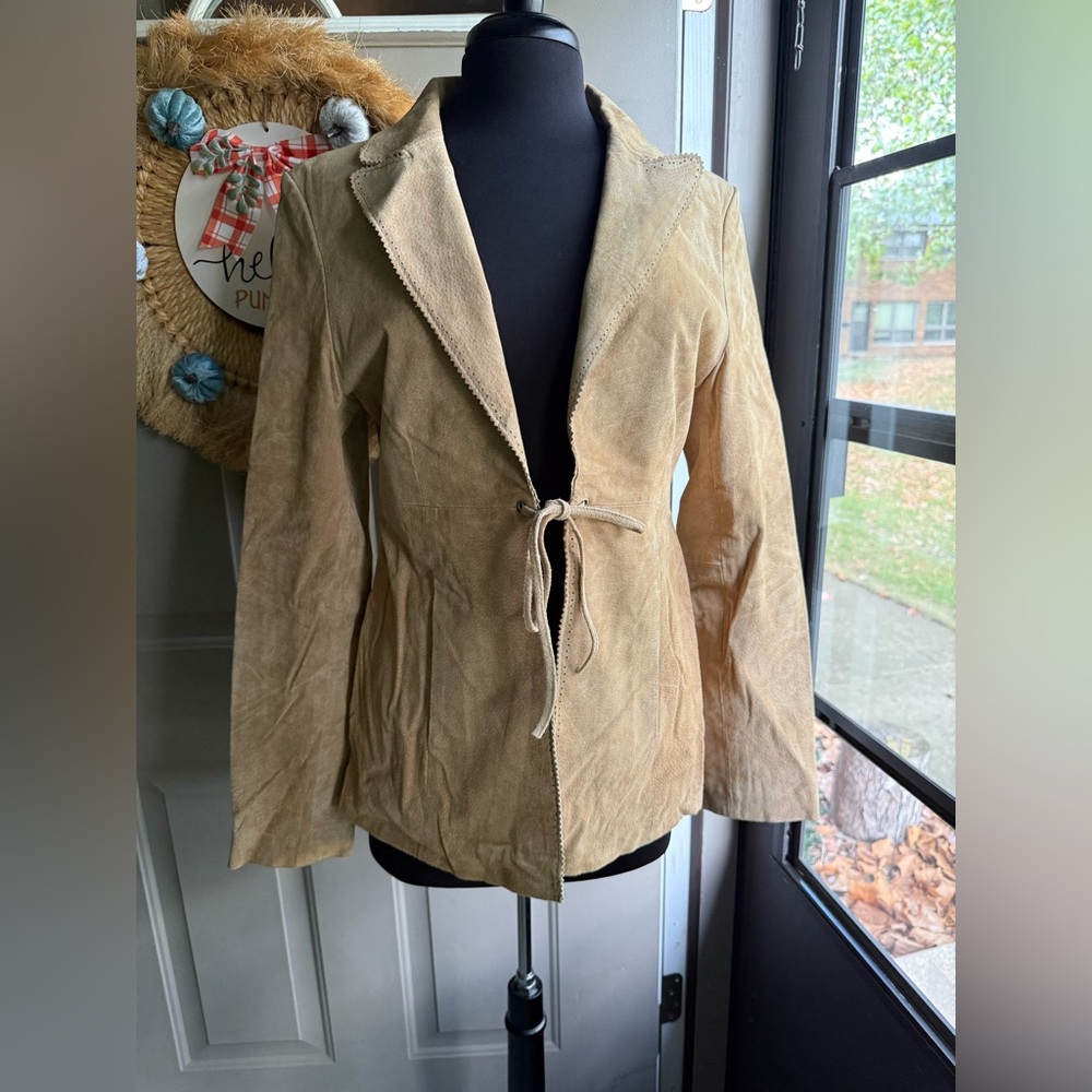 Y2K vintage Me Jane nude suede open front tie blazer, size large